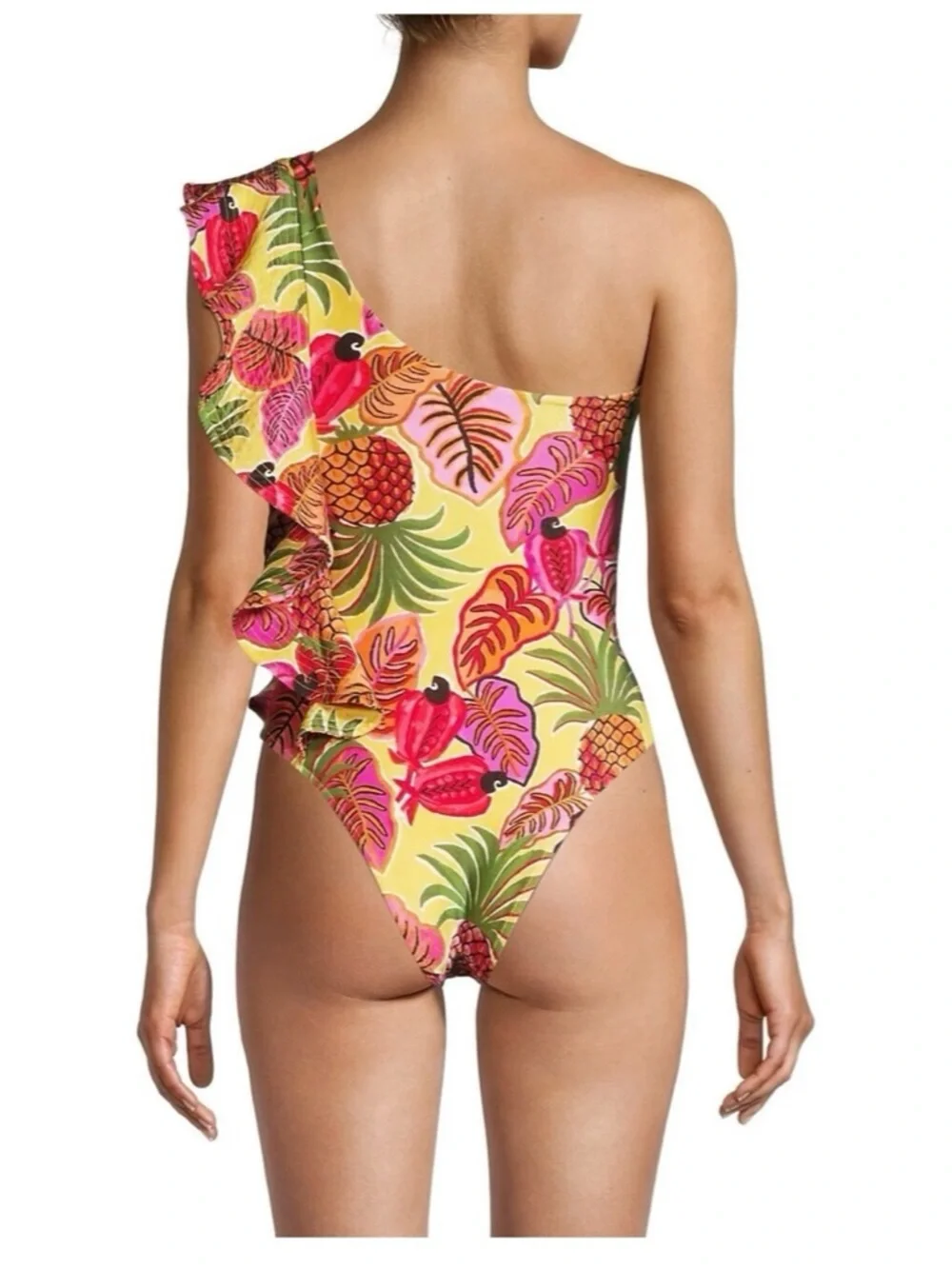 FARM Rio Fruit Dream One Shoulder Ruffle Swimsuit Bikini S Pineapple Tropical